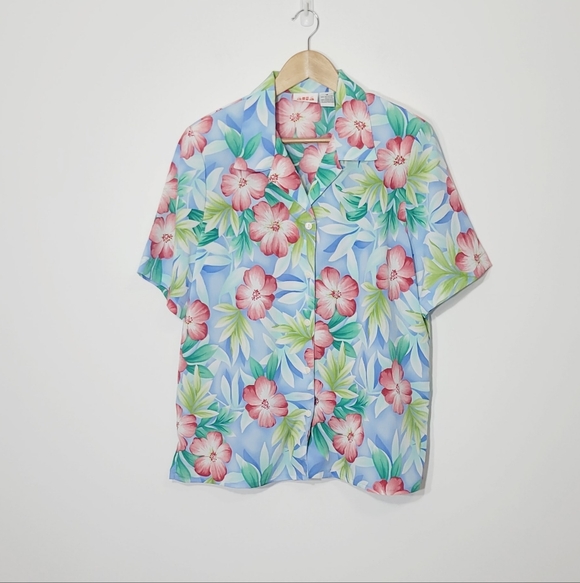 Vintage Alia Tropical Hawaiian Floral Pattern Button Down Blouse Loose Fit Sz 14 - Picture 2 of 9